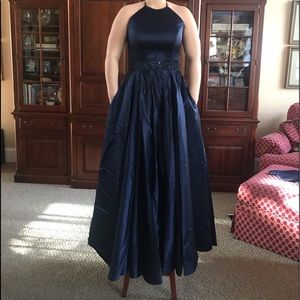 Navy Satin Halter Prom Dress